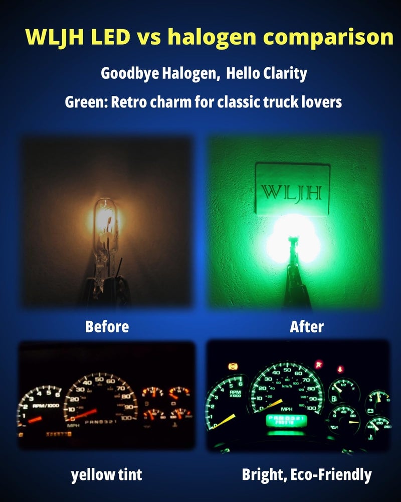 WLJH 74 Led Bulb Dash Lights Super Bright T5 2721 37 86 286 Wedge PC74 Twist Socket Automotive Instrument Panel Gauge Light Kits Cluster Shift Indicator Interior Bulbs Green Pack of 20 - Image 4